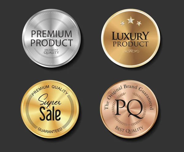 Collection Different Gold Color Conical Gradient Premium Quality Badges — стоковый вектор