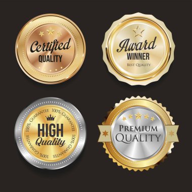 Collection of gold silver and bronze metallic badges
