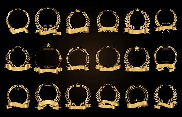 Золотой Лавровый Венок Векторной Коллекцией Золотых Лент — стоковый вектор
