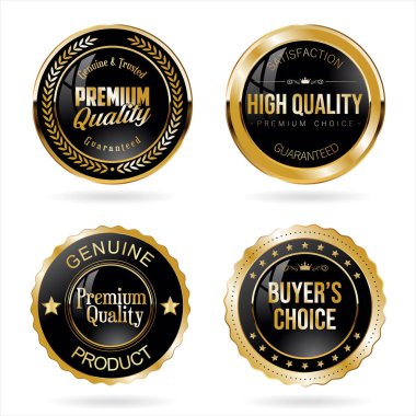 Collection of black and gold quality badges and labels 