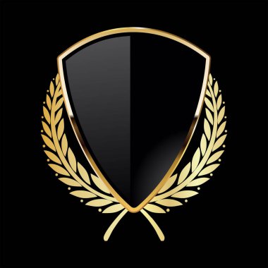 Black shield with golden laurel wreath on black background 