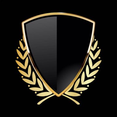 Black shield with golden laurel wreath on black background 
