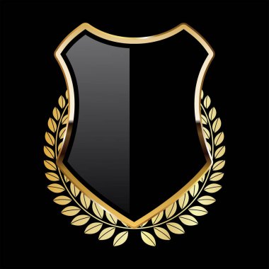 Black shield with golden laurel wreath on black background 