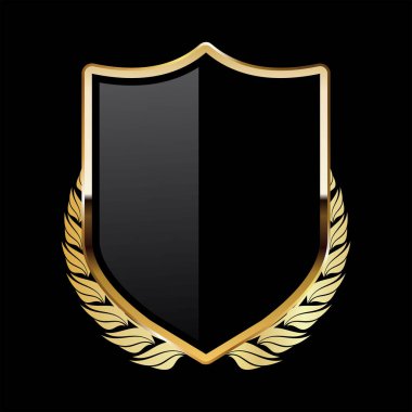 Black shield with golden laurel wreath on black background 