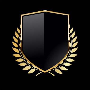 Black shield with golden laurel wreath on black background 