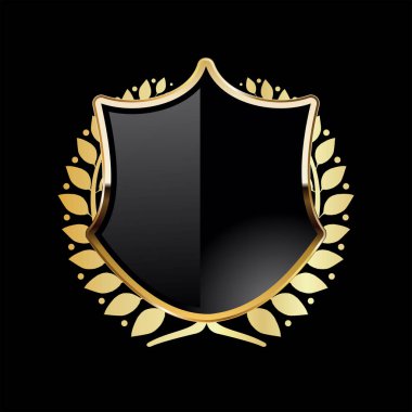 Black shield with golden laurel wreath on black background 