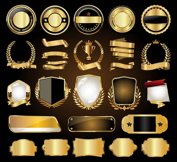 Colección Insignias Oro Etiquetas Laureles Escudo Placas Metal — Archivo Imágenes Vectoriales
