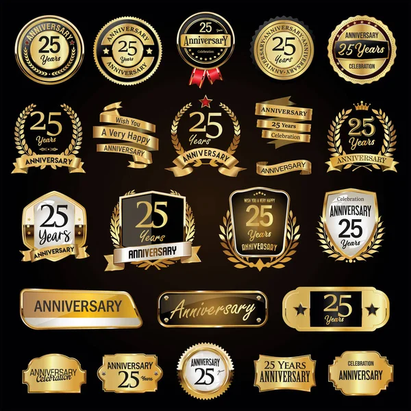 Aniversário Retro Vintage Emblemas Louros Escudo Placas Metal Etiquetas Vetor —  Vetores de Stock