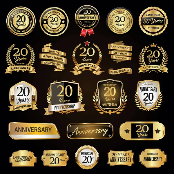 Aniversário Retro Vintage Emblemas Louros Escudo Placas Metal Etiquetas Vetor — Vetor de Stock