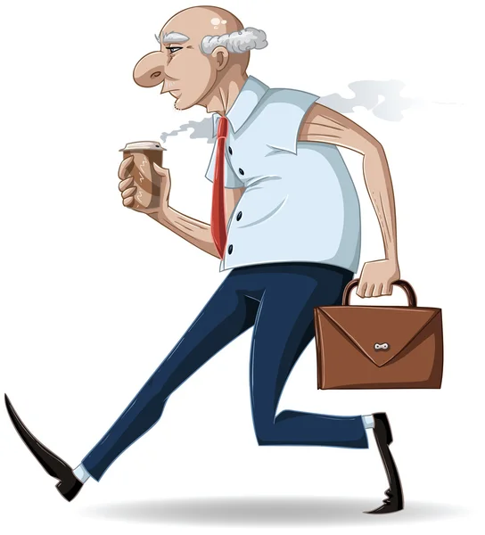 Old Businessman Walks with Briefcase and Coffee — Stock Vector