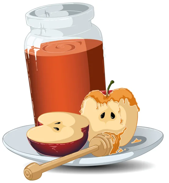 犹太新年蜂蜜罐和苹果 — 图库矢量图片