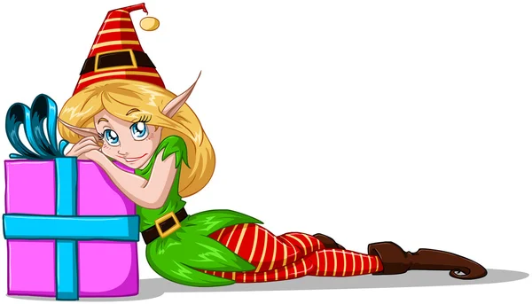 Elf chica apoyándose en presente para la Navidad — Vector de stock