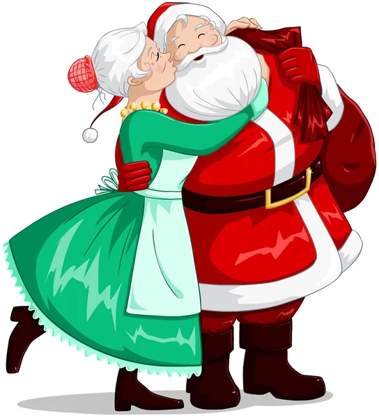 Mrs claus santa, yanak ve hugs öper. — Stok Vektör