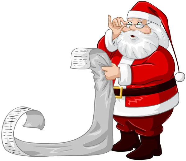 Santa Claus lee de la lista de Navidad — Vector de stock