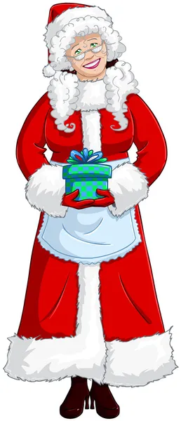 Mme Père Noël tenant un cadeau pour Noël — Image vectorielle