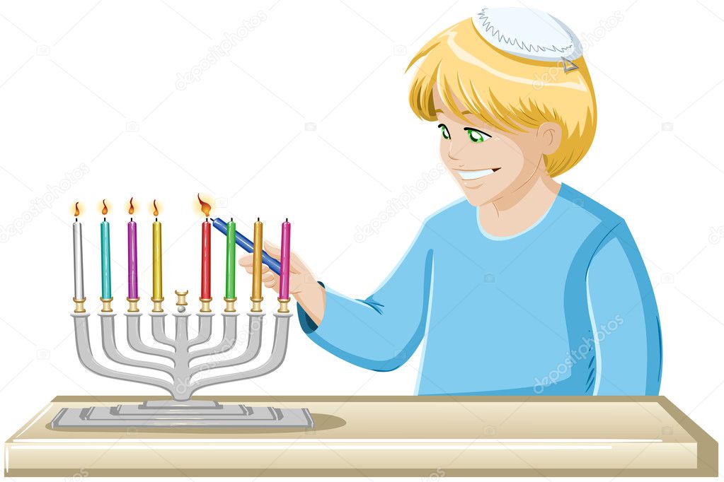 A Boy Lights A Hanukkiah Candle
