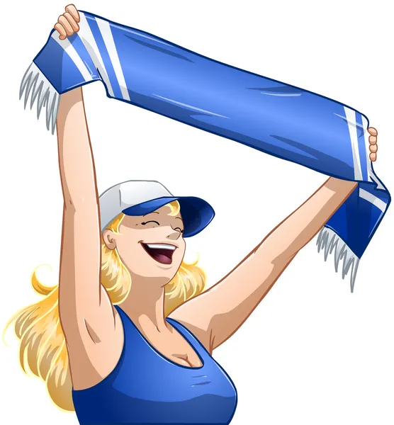 Mujer sostiene equipo deportivo bufanda y gritos — Vector de stock