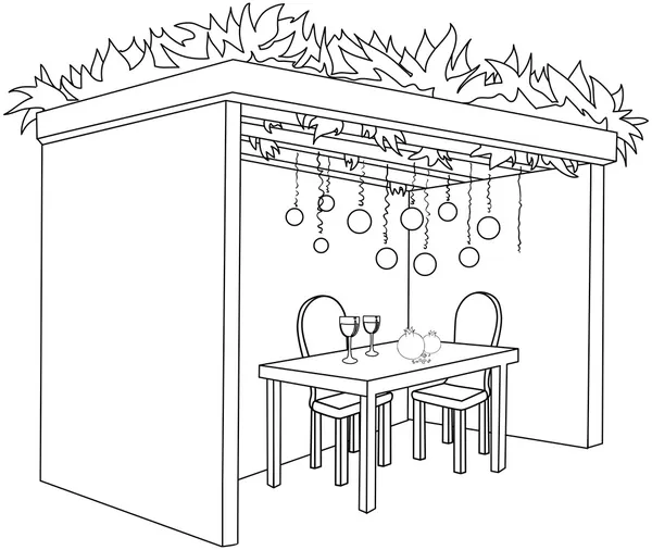 Sukkah For Sukkot With Table Coloring Page — Stock Vector
