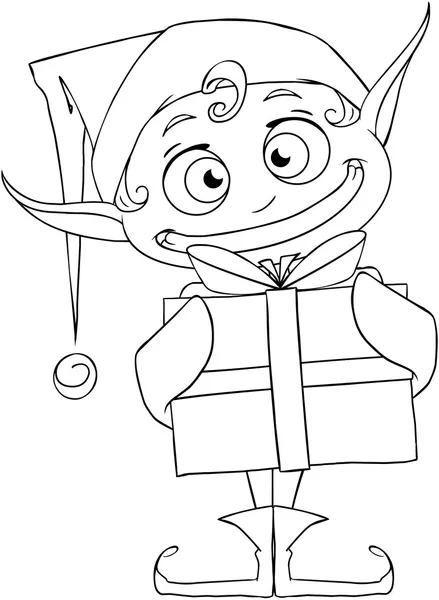 Christmas Elf Holding A Present Coloring Page — Stock Vector