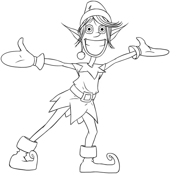 Christmas Elf Spreading Arms and Smiling Coloring Page — стоковый вектор