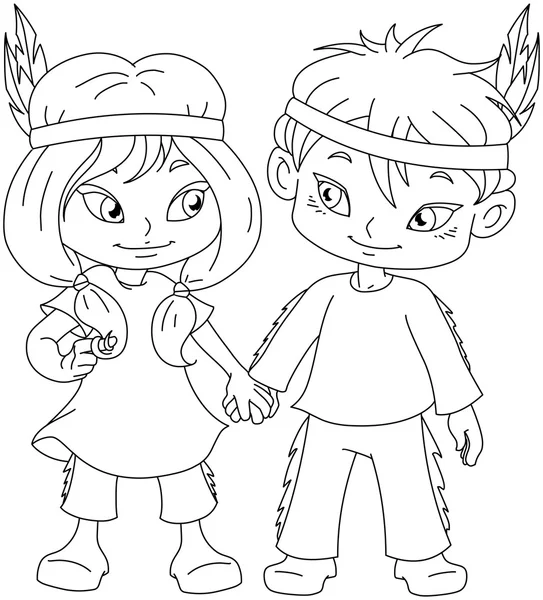 Indian Boy And Girl Holding Hands For Thanksgiving Coloring Page — Stock Vector