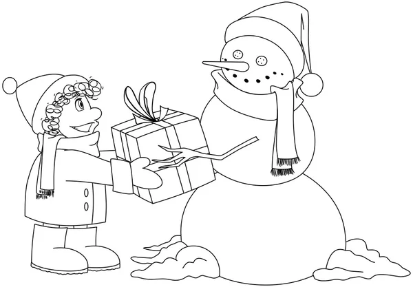 Christmas Snowman Gives Present To Boy Coloring Page — Stock Vector