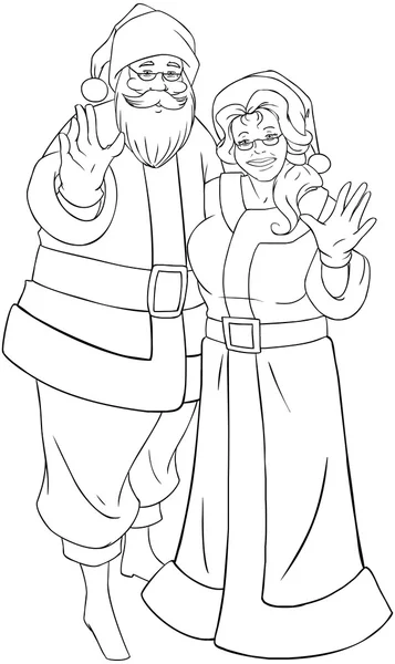 Santa and Mrs Claus Waving Hands For Christmas Coloring Page — стоковый вектор