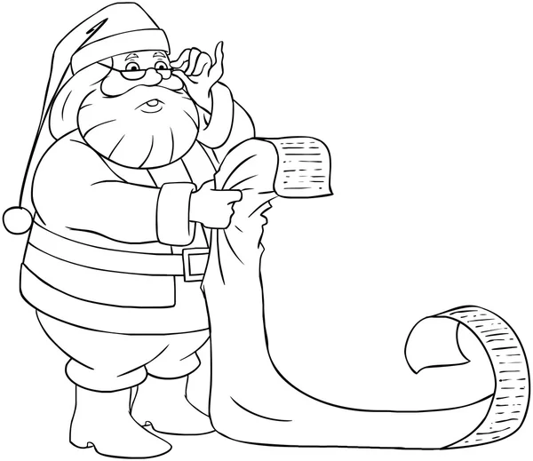 Santa claus leesbewerkingen van kerst lijst kleurplaten pagina — Stockvector