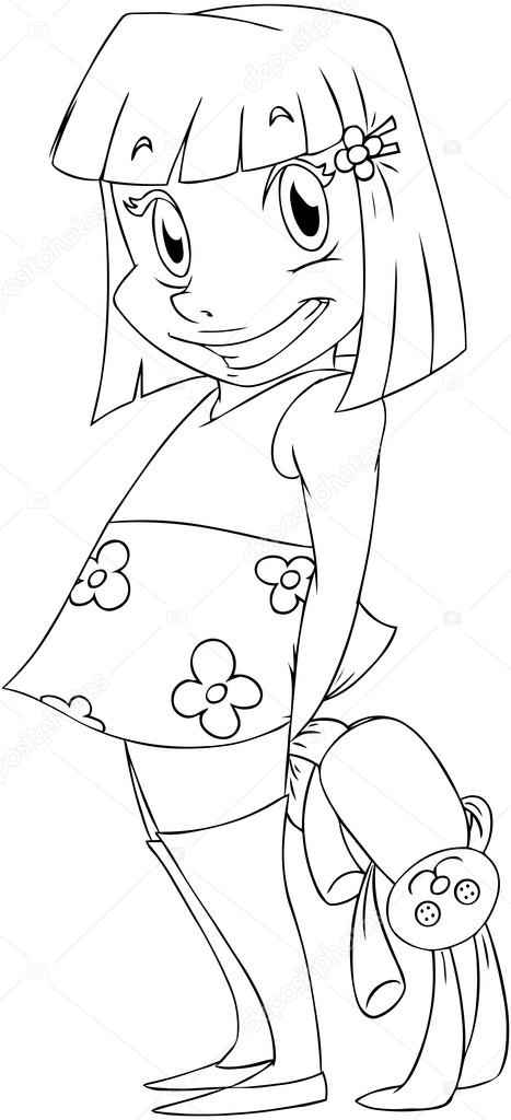 Little Girl With Rabbit Doll Coloring Page