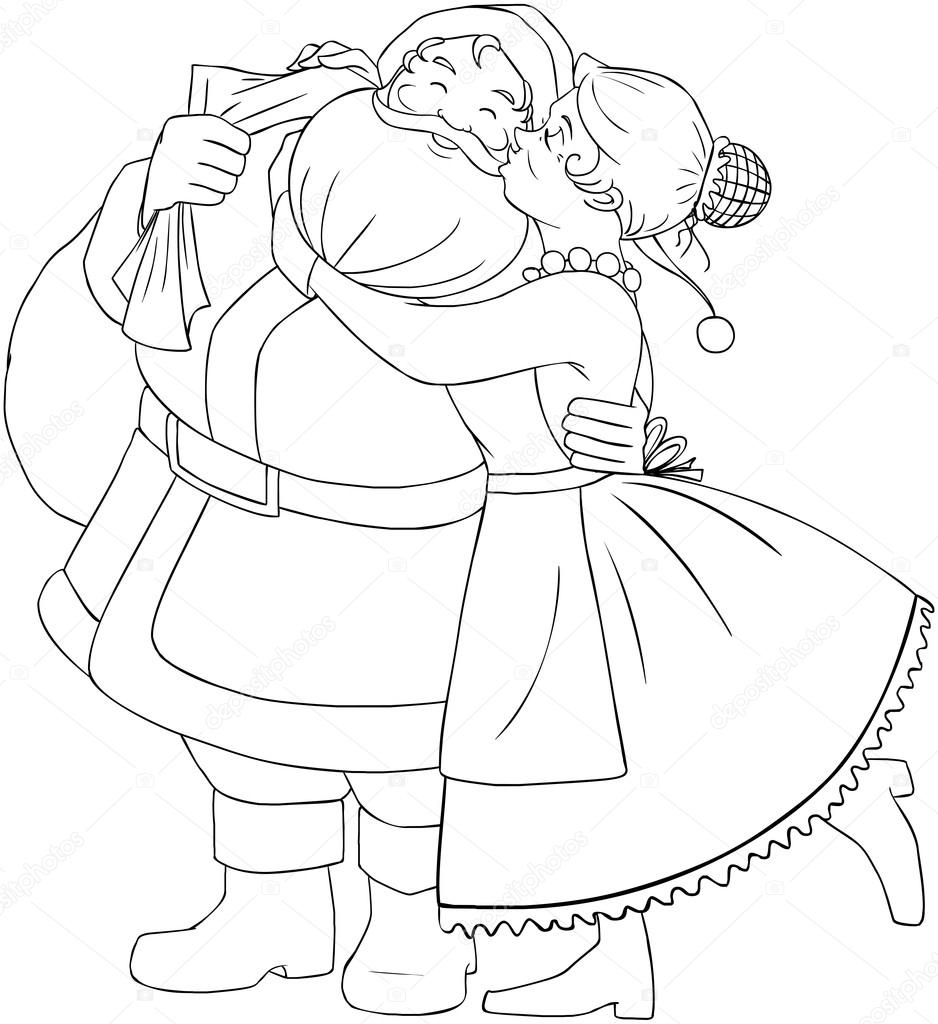 Mrs Claus Kisses Santa On Cheek And Hugs Coloring Page