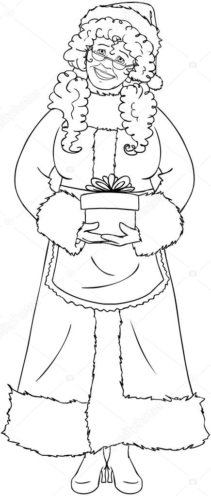 Mrs Santa Claus Holding A Present For Christmas Coloring Page
