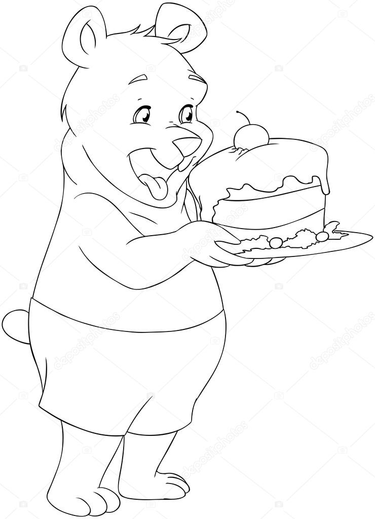 Young Bear Holding A Cake Coloring Page