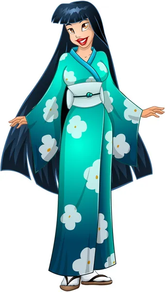 Asiatische Frau im blauen Kimono — Stockvektor