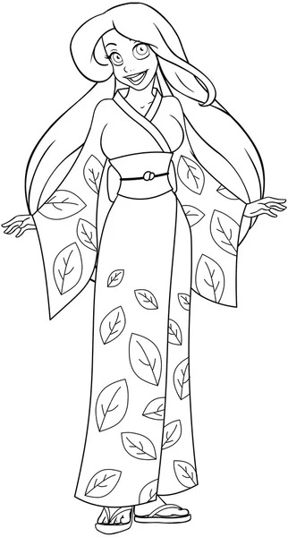 Femme caucasienne dans Kimono Coloriage Page — Image vectorielle