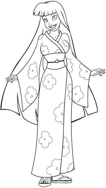 Asian Woman In Kimono Coloring Page — Stock Vector