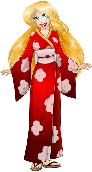 Blonde vrouw in red kimono — Stockvector