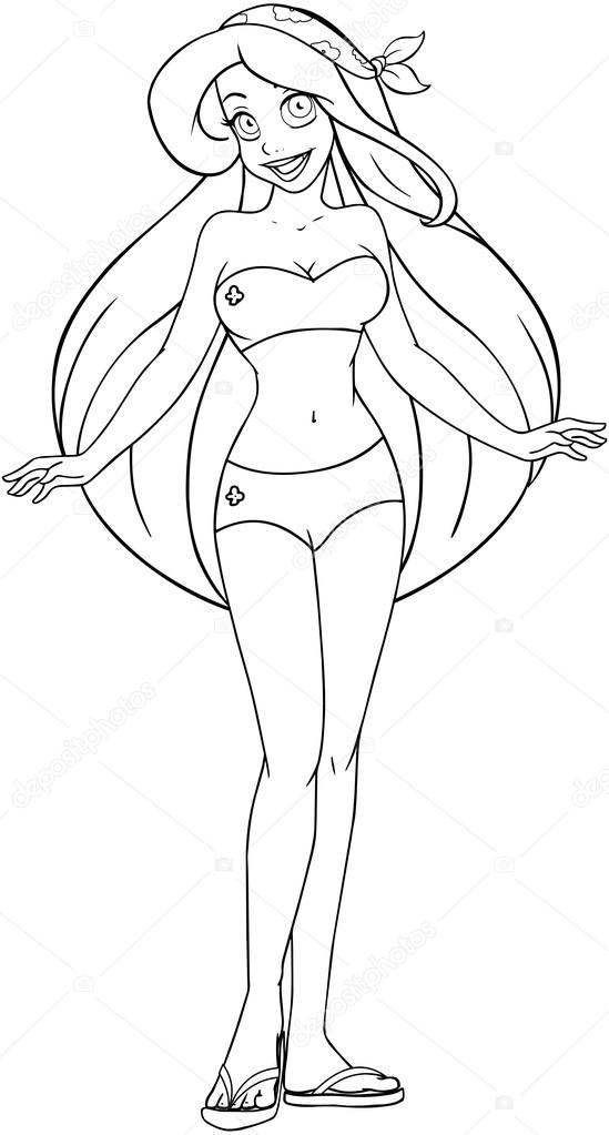 Caucasian Woman In Swimsuit Coloring Page