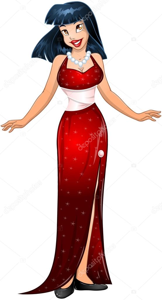 Asian Woman in Red Evening Dress