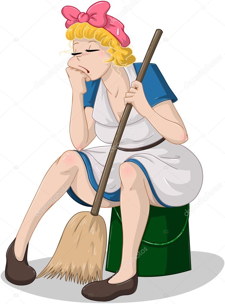Tired Woman With Broom Sitting On Bucket