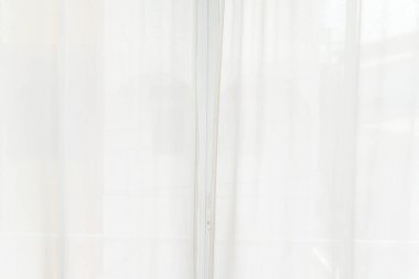 Boş odada yeşil yapraklı beyaz perdeli arka plan penceresi.