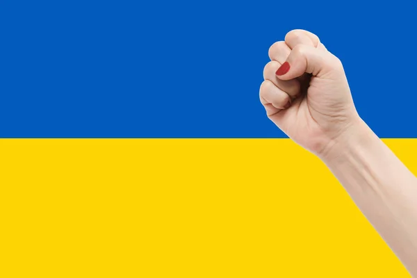 Woman Hands Fist Gesture Ukraine Flag Color Background — Stok fotoğraf
