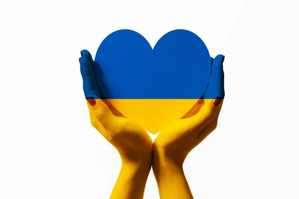 Women Painted Hands Ukraine Flag Color Holding Ukraine Flag Color — ストック写真