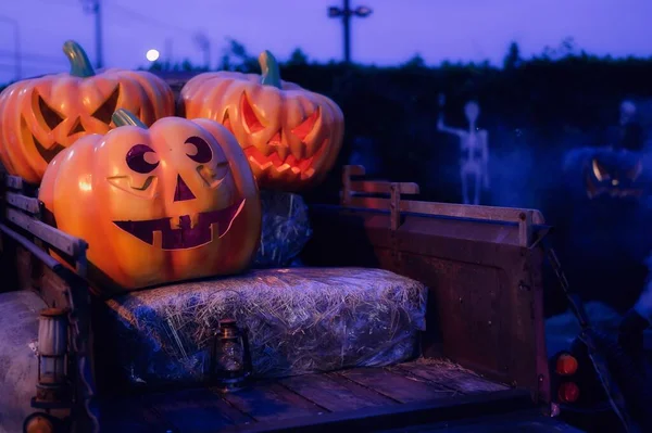 Décoration Halloween Avec Citrouilles Crânes — Photo