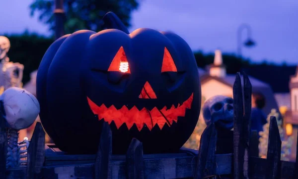 Décoration Halloween Avec Citrouilles Crânes — Photo