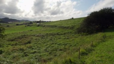 Bulutlu bir günde yeşil çimenli güzel tepeler. Idyllic kırsal alan. Yeşil çayırlar, ağaçlar ve dağlar. Mavi gökyüzünde beyaz bulutlar. Yürüyüş. Santiago 'lu Camino. Cantabria 'da. Asturyalar.