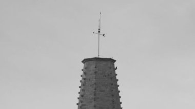 View of the beautiful spire of a medieval temple in the old town early morning. The city is waking up. Birds fly in the dawn sky. Ancient cathedral. Girona. Catalunya. Spain. Europe. 