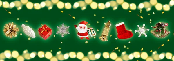 Kerstspandoek Kerstman Kerstsok Sneeuwvlok Cadeau Belletjes Gouden Snoep Een Groene — Stockfoto