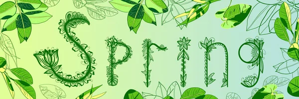 Zelené Listy Nápis Pramen Svahu Pozadí Jarní Přírodní Prapor Výkres — Stock fotografie