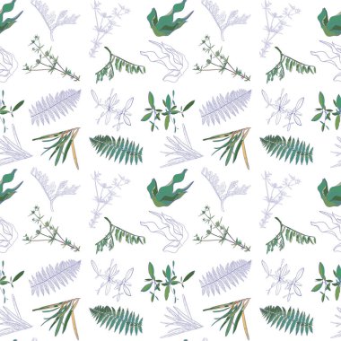 Yapraklı, doğal, pürüzsüz desen. Beyaz arka planda yeşil yapraklar. Özet çizimi.