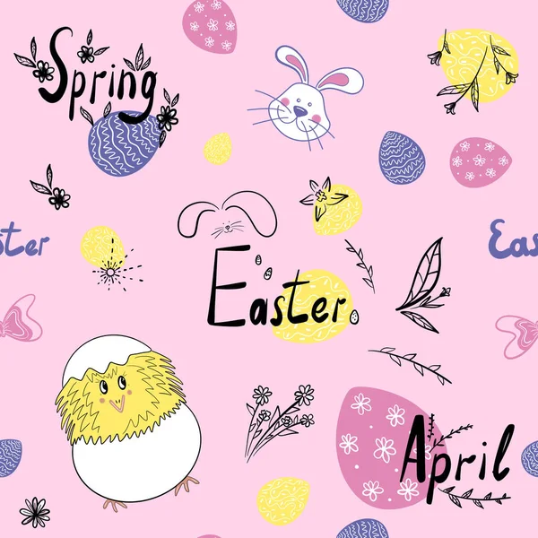 Hühner Kaninchen Ostereier Und Schriftzug Auf Rosa Hintergrund Nahtloses Ostermuster — Stockfoto